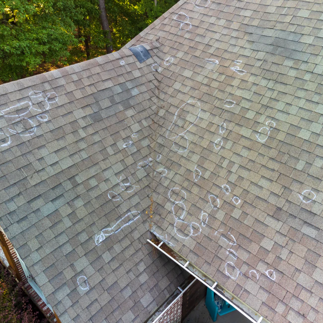 top view of a roof with hail damage gold hill nc